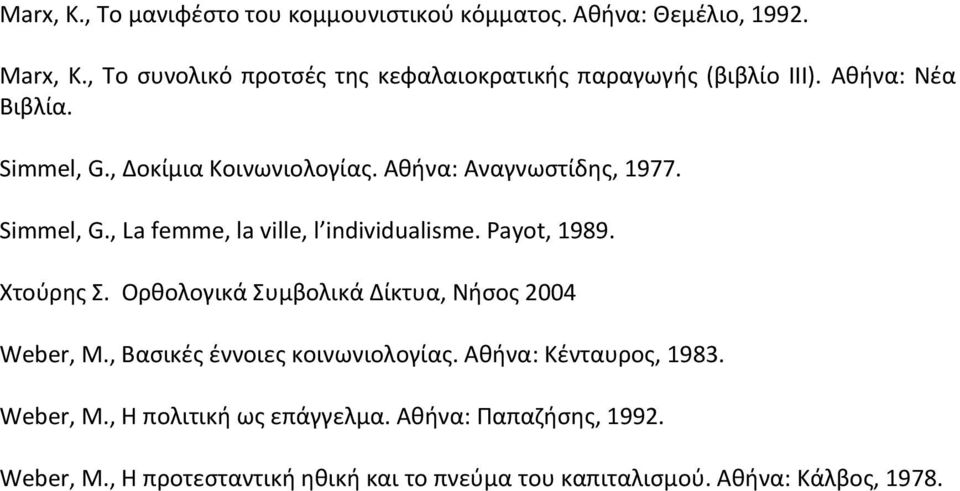 Αθήνα: Αναγνωστίδης, 1977. Simmel, G., La femme, la ville, l individualisme. Payot, 1989. Χτούρης Σ.