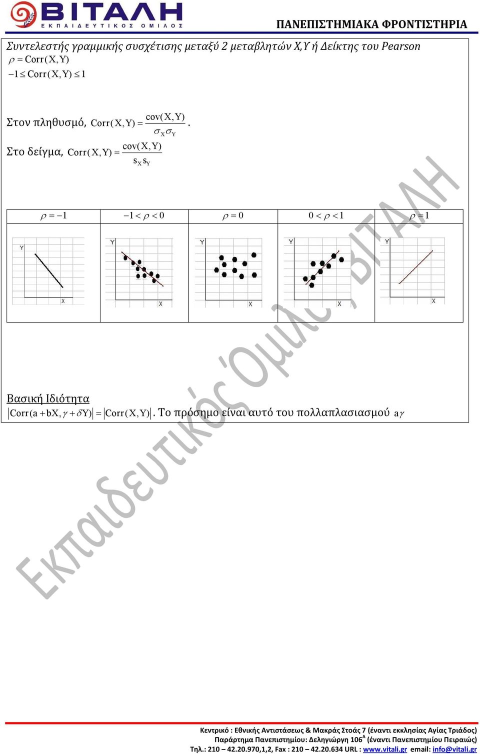 σ σ cv(, Y ) Crr(, Y ) = s s Y Y ρ = < ρ < ρ = < ρ < ρ = Βασική Ιδιότητα Crr ( a + b, γ + δ Y) = Crr (, Y ).