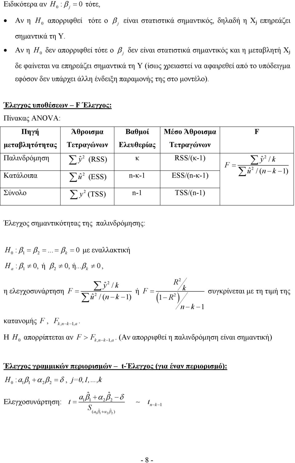 μεταβλητότητας Άθροισμα Τετραγώνων Βαθμοί Ελευθερίας Μέσο Άθροισμα Τετραγώνων Παλινδρόμηση ŷ (SS κ SS/(κ- Κατάλοιπα û (ESS n-κ- ESS/(n-κ- Σύνολο y (TSS n- TSS/(n- ˆ / y ˆ / ( u n Έλεγχος