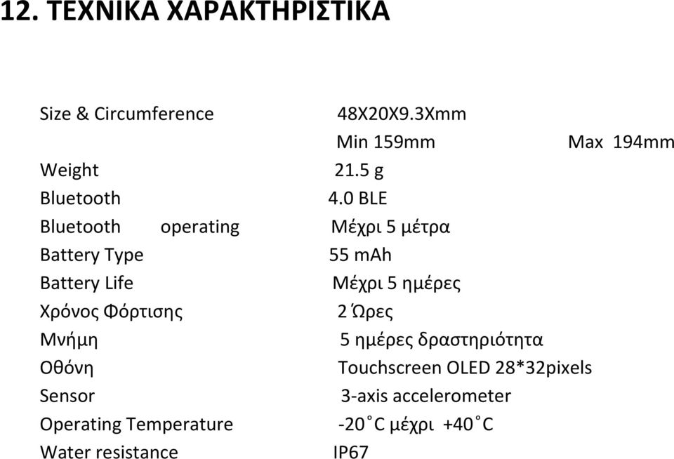0 BLE Bluetooth operating Μέχρι 5 μέτρα Battery Type 55 mah Battery Life Μέχρι 5 ημέρες