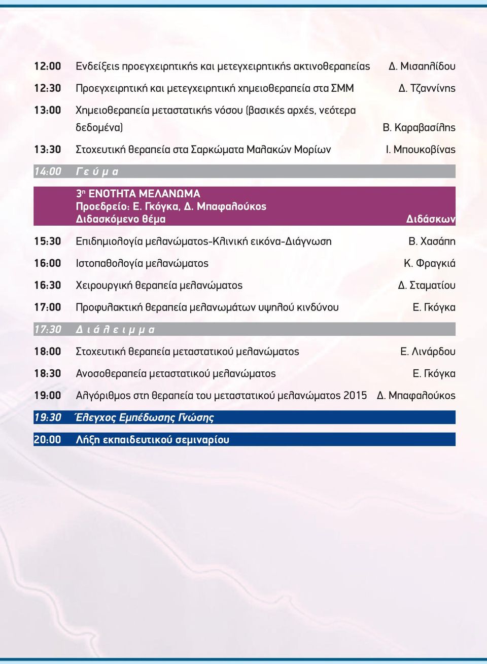 Μπουκοβίνας 14:00 Γ ε ύ μ α 3 η ΕΝΟΤΗΤΑ ΜΕΛΑΝΩΜΑ Προεδρείο: Ε. Γκόγκα, Δ. Μπαφαλούκος Διδασκόμενο θέμα Διδάσκων 15:30 Επιδημιολογία μελανώματος-κλινική εικόνα-διάγνωση Β.