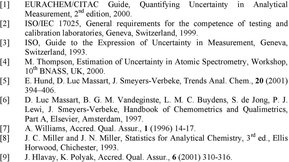 [3] ΙO, Guide to the Expression of Uncertainty in Measurement, Geneva, witzerland, 1993. [4] M. Thompson, Estimation of Uncertainty in Atomic pectrometry, Workshop, 10 th BNA, UK, 000. [5] Ε. Hund, D.