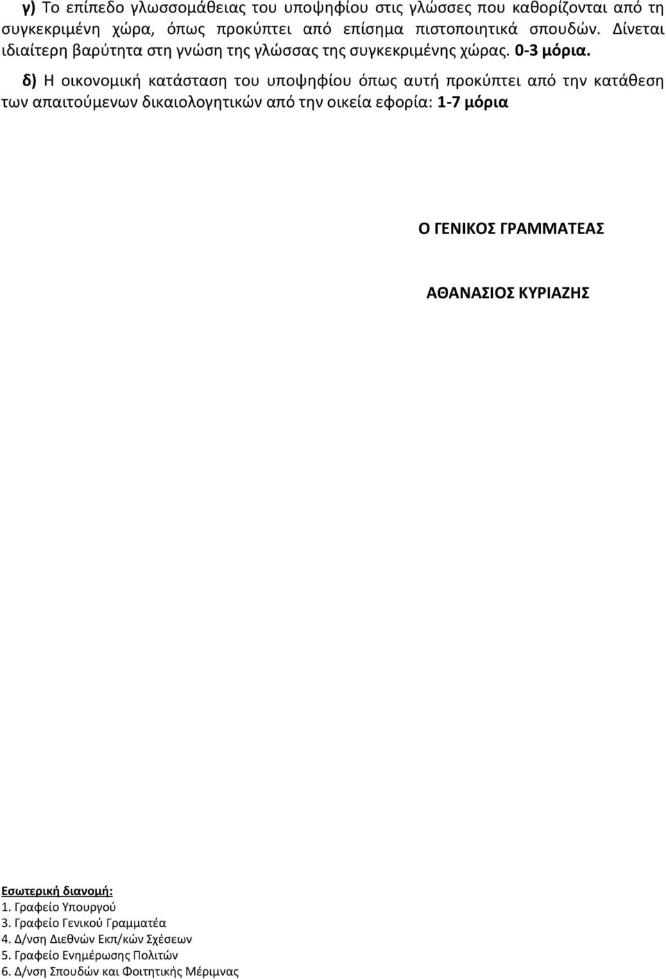 δ) Η οικονομική κατάσταση του υποψηφίου όπως αυτή προκύπτει από την κατάθεση των απαιτούμενων δικαιολογητικών από την οικεία εφορία: 1-7 μόρια Ο