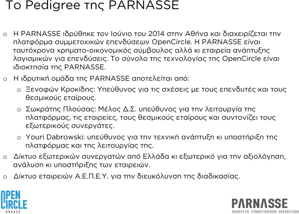 Η ιδρυτική ομάδα της PARNASSE αποτελείται από: Ξενοφών Κροκίδης: Υπεύθυνος για τις σχέσεις με τους επενδυτές και τους θεσμικούς εταίρους. Σω
