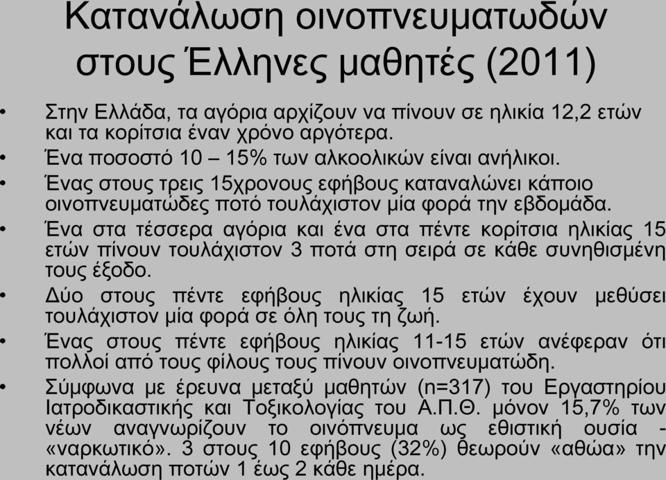 Ένα στα τέσσερα αγόρια και ένα στα πέντε κορίτσια ηλικίας 15 ετών πίνουν τουλάχιστον 3 ποτά στη σειρά σε κάθε συνηθισμένη τους έξοδο.