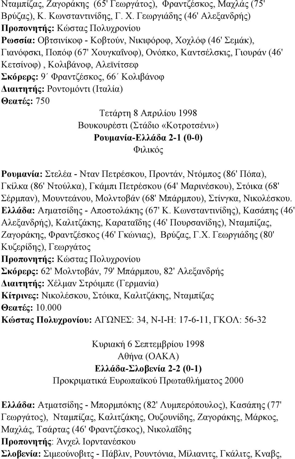 9 Φραντζέσκος, 66 Κολιβάνοφ ιαιτητής: Ροντοµόντι (Ιταλία) Θεατές: 750 Τετάρτη 8 Απριλίου 1998 Βουκουρέστι (Στάδιο «Κοτροτσένι») Ρουµανία-Ελλάδα 2-1 (0-0) Ρουµανία: Στελέα - Νταν Πετρέσκου, Προντάν,