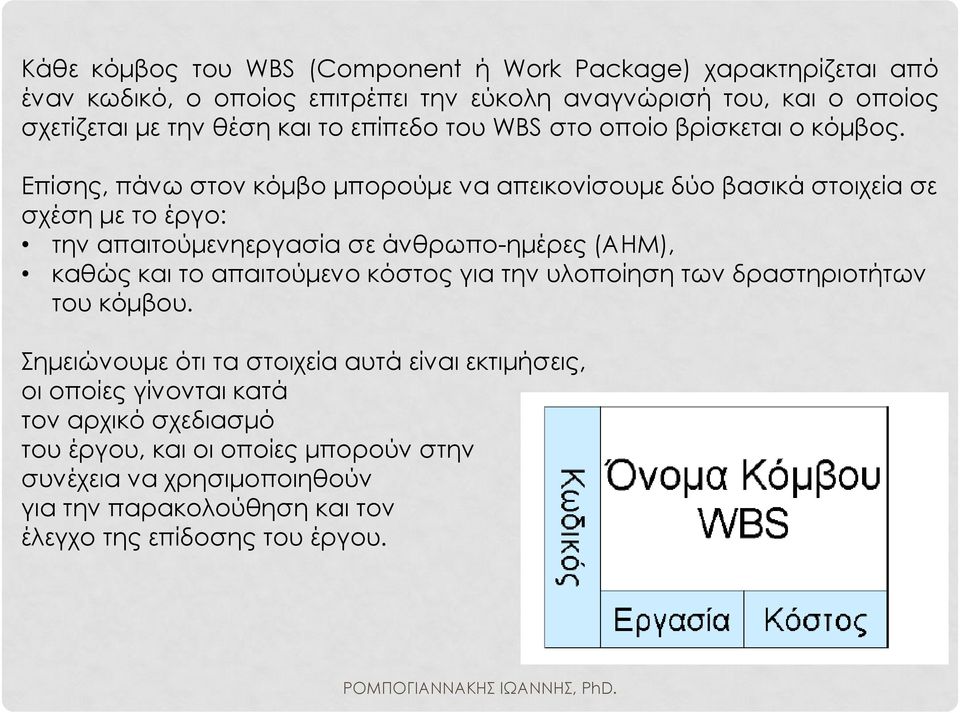 Επίσης, πάνω στον κόμβο μπορούμε να απεικονίσουμε δύο βασικά στοιχεία σε σχέση με το έργο: την απαιτούμενηεργασία σε άνθρωπο-ημέρες (ΑΗΜ), καθώς και το απαιτούμενο