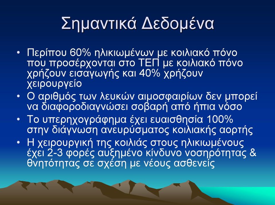 από ήπια νόσο Το υπερηχογράφημα έχει ευαισθησία 100% στην διάγνωση ανευρύσματος κοιλιακής αορτής Η χειρουργική