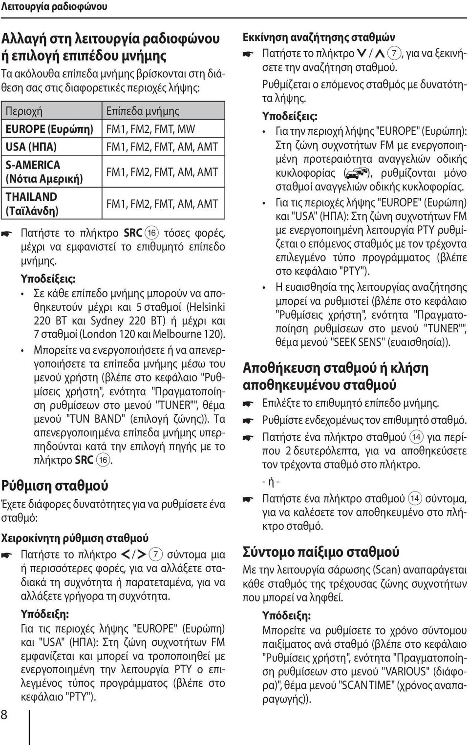 να εμφανιστεί το επιθυμητό επίπεδο μνήμης. Σε κάθε επίπεδο μνήμης μπορούν να αποθηκευτούν μέχρι και 5 σταθμοί (Helsinki 220 BT και Sydney 220 BT) ή μέχρι και 7 σταθμοί (London 120 και Melbourne 120).