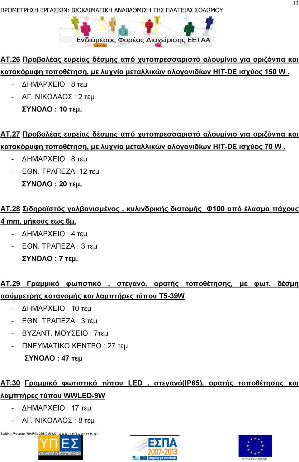 ΝΙΚΟΛΑΟΣ : 2 τεµ ΣΥΝΟΛΟ : 10 τεµ. AT.27 Προβολέας ευρείας δέσµης από χυτοπρεσσαριστό αλουµίνιο για οριζόντια και κατακόρυφη τοποθέτηση, µε λυχνία µεταλλικών αλογονιδίων HIT-DE ισχύος 70 W.