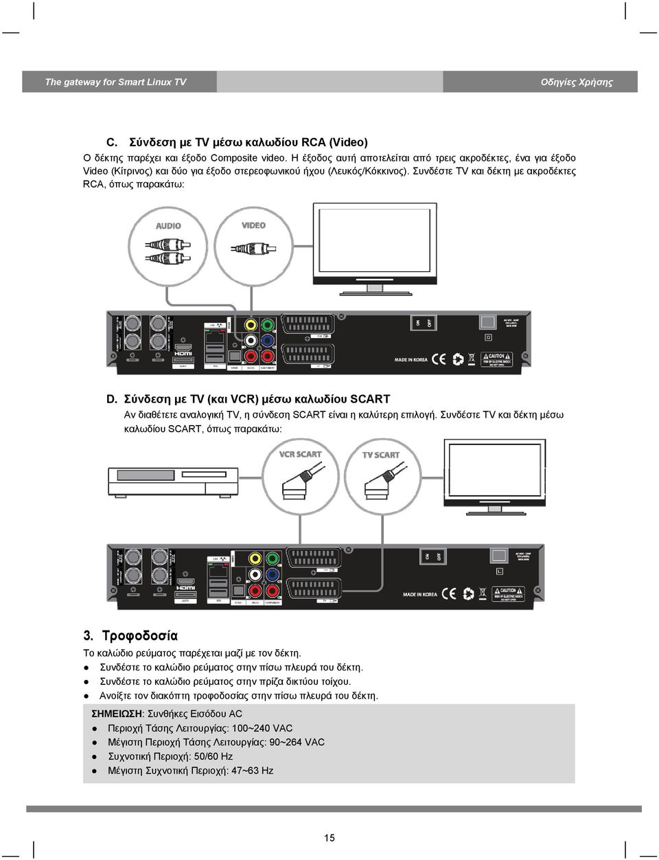 Σύνδεση με TV (και VCR) μέσω καλωδίου SCART Αν διαθέτετε αναλογική TV, η σύνδεση SCART είναι η καλύτερη επιλογή. Συνδέστε TV και δέκτη μέσω καλωδίου SCART, όπως παρακάτω: 3.