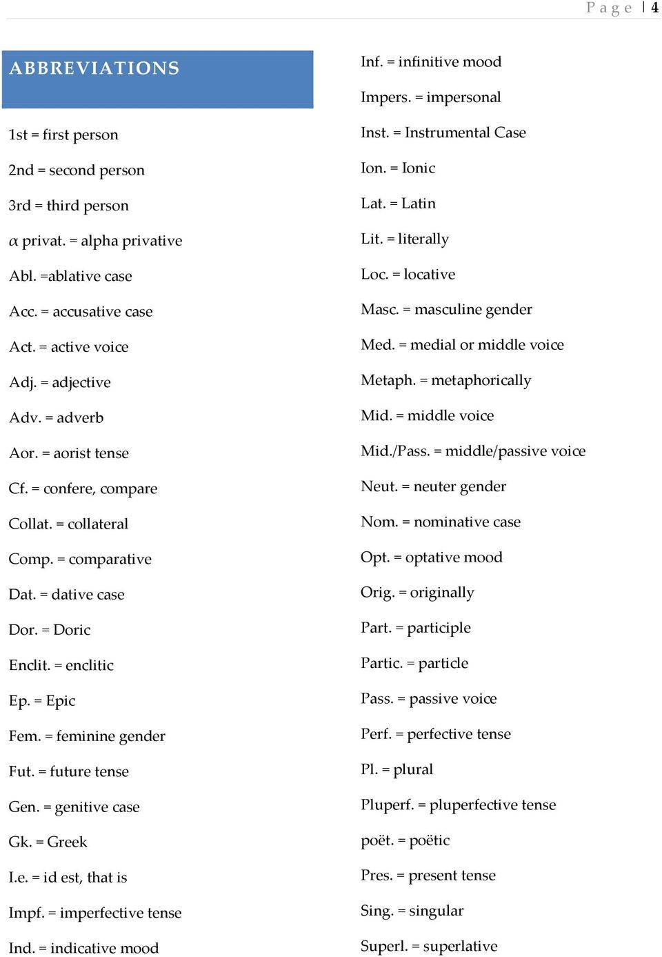= future tense Gen. = genitive case Gk. = Greek I.e. = id est, that is Impf. = imperfective tense Ind. = indicative mood Inf. = infinitive mood Impers. = impersonal Inst. = Instrumental Case Ion.