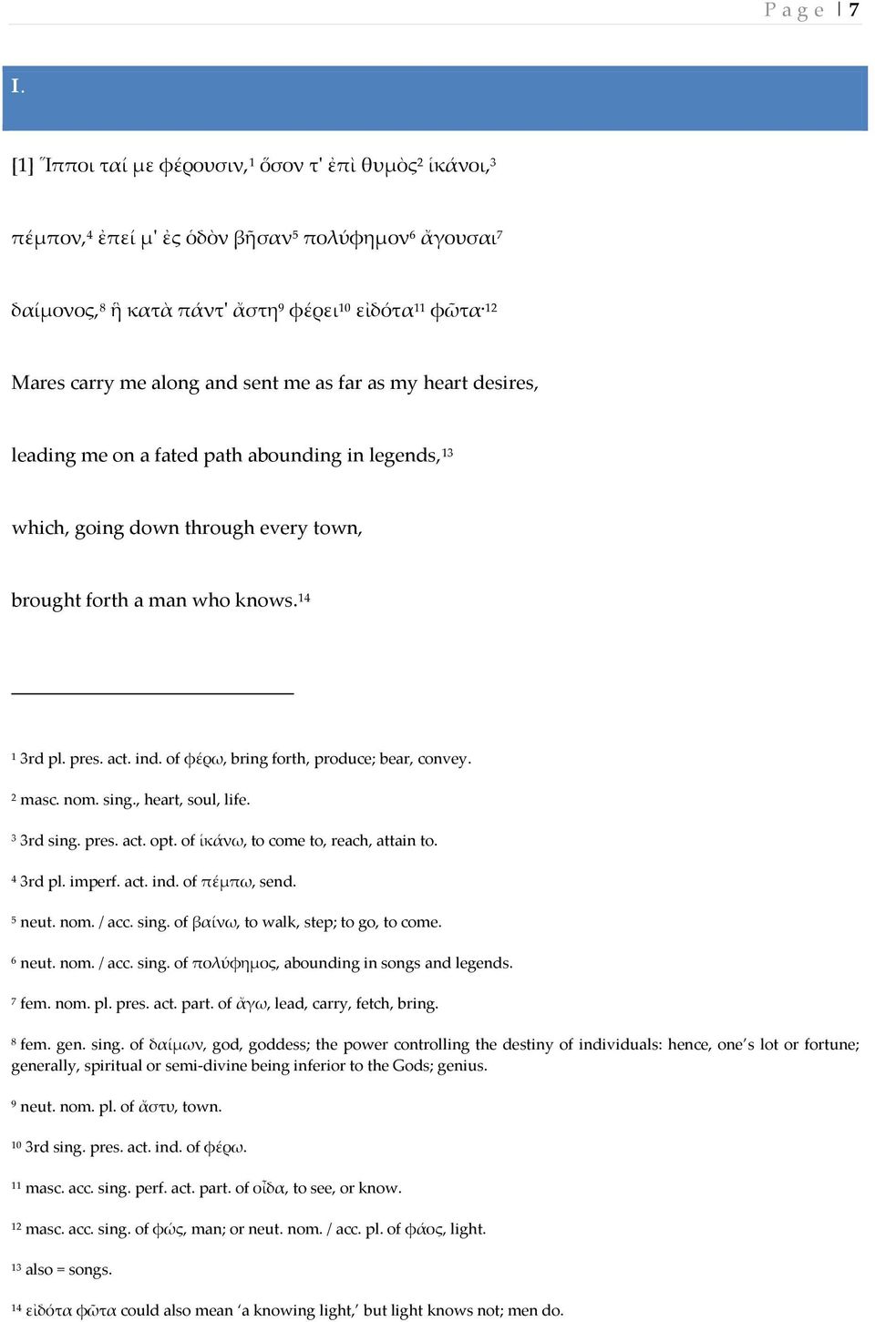 sent me as far as my heart desires, leading me on a fated path abounding in legends, 13 which, going down through every town, brought forth a man who knows. 14 1 3rd pl. pres. act. ind.