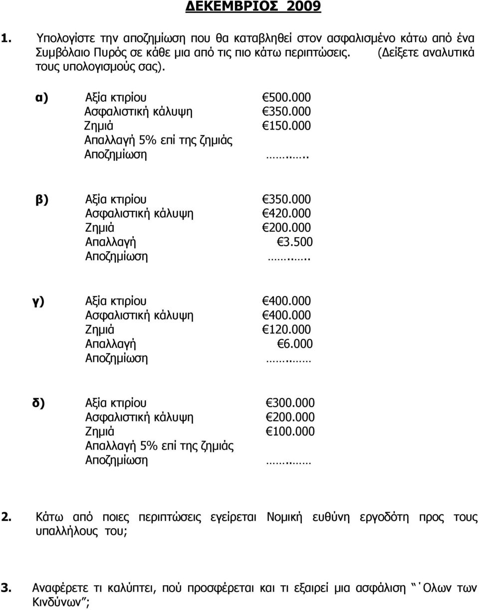 500 Αποζηµίωση.... γ) Αξία κτιρίου 400.000 Ασφαλιστική κάλυψη 400.000 Ζηµιά 120.000 Απαλλαγή 6.000 Αποζηµίωση.. δ) Αξία κτιρίου 300.000 Ασφαλιστική κάλυψη 200.000 Ζηµιά 100.