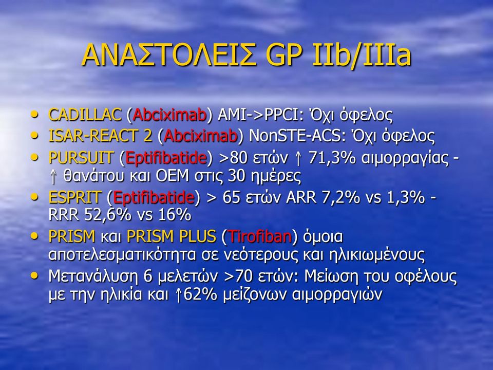 > 65 ετών ARR 7,2% vs 1,3% - RRR 52,6% vs 16% PRISM και PRISM PLUS (Tirofiban) όµοια αποτελεσµατικότητα σε