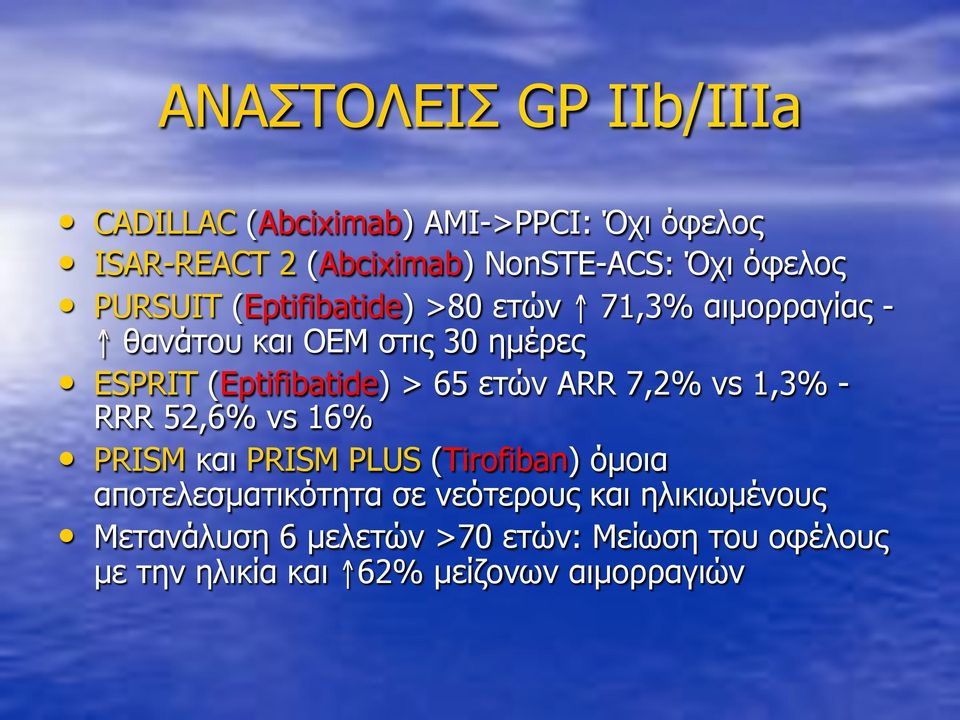 > 65 ετών ARR 7,2% vs 1,3% - RRR 52,6% vs 16% PRISM και PRISM PLUS (Tirofiban) όµοια αποτελεσµατικότητα σε