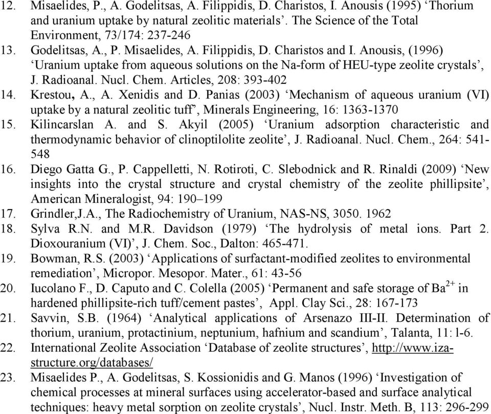 Articles, 208: 393-402 14. Krestou, A., A. Xenidis and D. Panias (2003) Mechanism of aqueous uranium (VI) uptake by a natural zeolitic tuff, Minerals Engineering, 16: 1363-1370 15. Kilincarslan A.