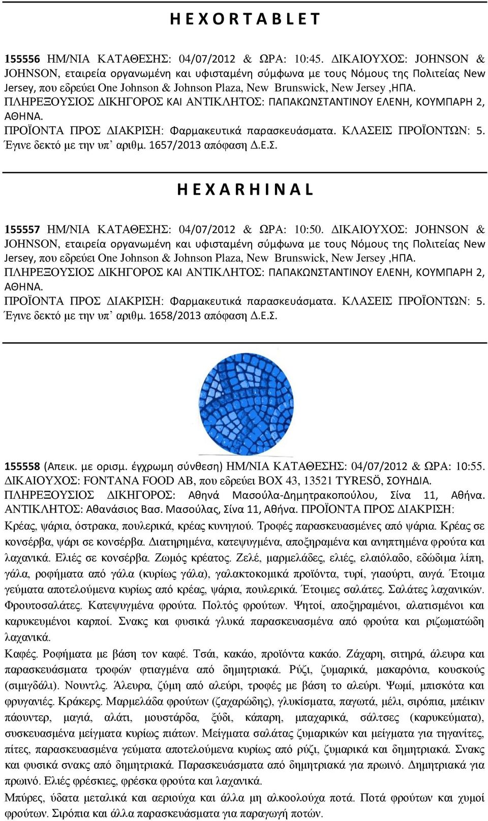 ΠΡΟΪΟΝΤΑ ΠΡΟΣ ΔΙΑΚΡΙΣΗ: Φαρμακευτικά παρασκευάσματα. ΚΛΑΣΕΙΣ ΠΡΟΪΟΝΤΩΝ: 5. Έγινε δεκτό µε την υπ αριθμ. 1657/2013 απόφαση Δ.Ε.Σ. H E X A R H I N A L 155557 ΗΜ/ΝΙΑ ΚΑΤΑΘΕΣΗΣ: 04/07/2012 & ΩΡΑ: 10:50.