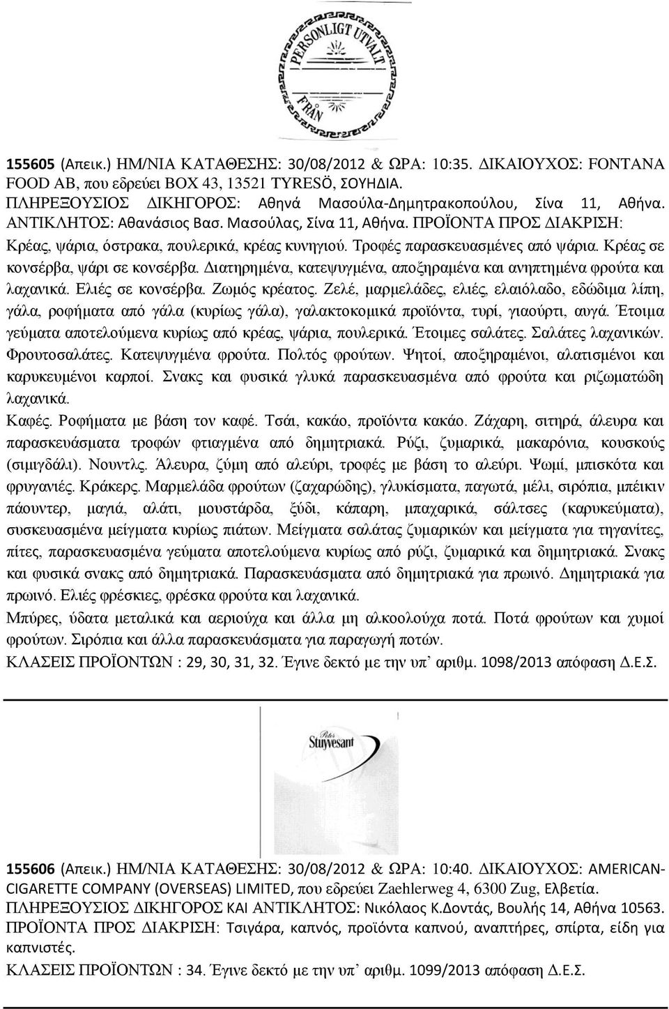 Τροφές παρασκευασμένες από ψάρια. Κρέας σε κονσέρβα, ψάρι σε κονσέρβα. Διατηρημένα, κατεψυγμένα, αποξηραμένα και ανηπτημένα φρούτα και λαχανικά. Ελιές σε κονσέρβα. Ζωμός κρέατος.