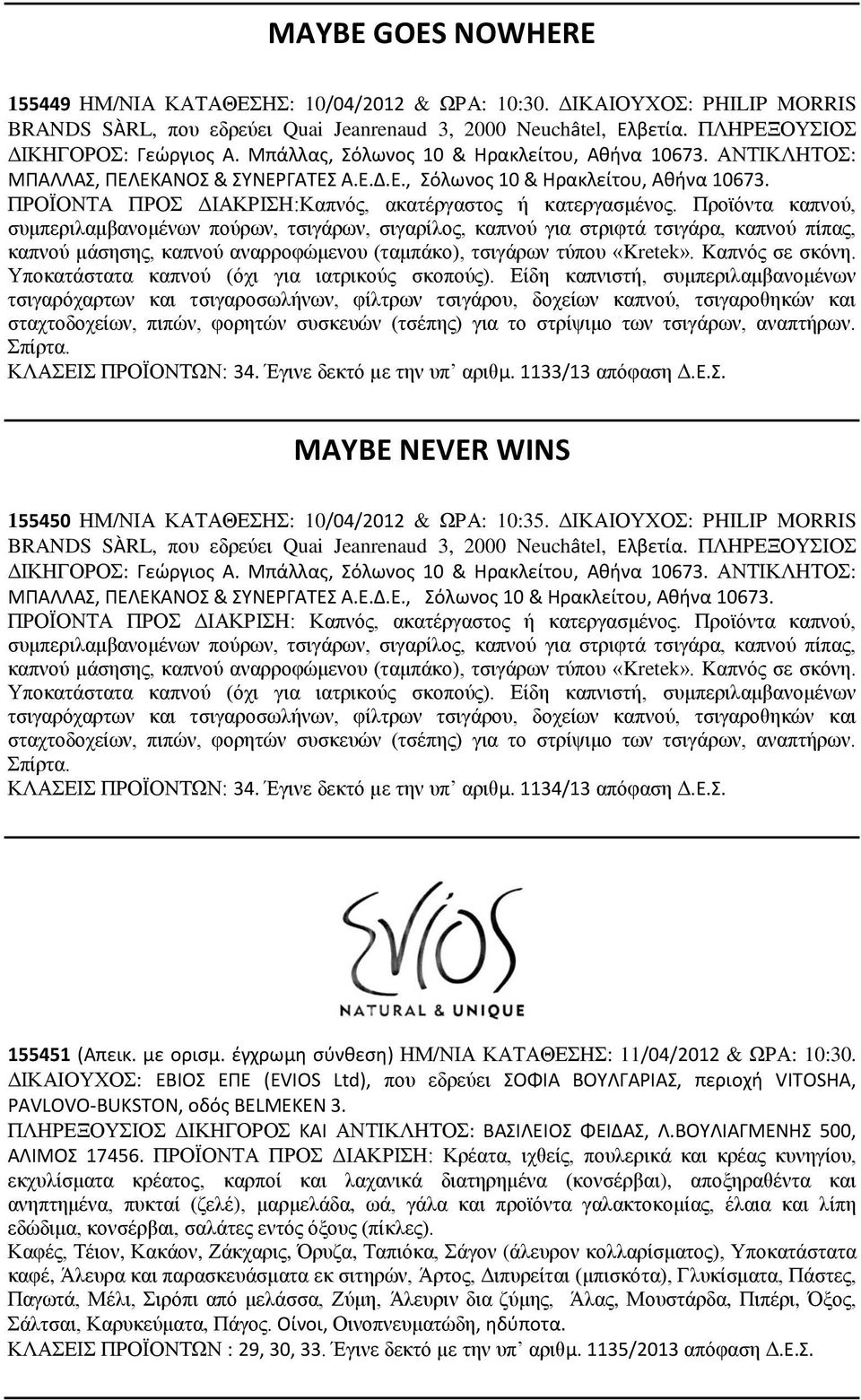 Προϊόντα καπνού, συμπεριλαμβανομένων πούρων, τσιγάρων, σιγαρίλος, καπνού για στριφτά τσιγάρα, καπνού πίπας, καπνού μάσησης, καπνού αναρροφώμενου (ταμπάκο), τσιγάρων τύπου «Kretek». Kαπνός σε σκόνη.