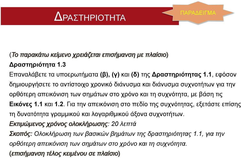 Εικόνες 1.1 και 1.2. Για την απεικόνιση στο πεδίο της συχνότητας, εξετάστε επίσης τη δυνατότητα γραμμικού και λογαριθμικού άξονα συχνοτήτων.