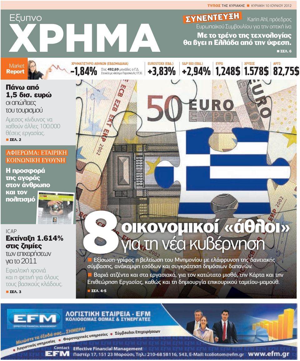 ΤΥΠΟΣ THΣ ΚΥΡΙΑΚΗΣ KYΡIAKH 10 ΙΟΥΝΙΟΥ 2012 ΣΥΝΕΝΤΕΥΞΗ Karin Ahl, πρόεδρος Ευρωπαϊκού Συµβουλίου για την οπτική ίνα Με το τρένο της τεχνολογίας θα βγει η Ελλάδα από την ύφεση. ΣΕΛ. 6 EUROSTOXX (ΕΒ.