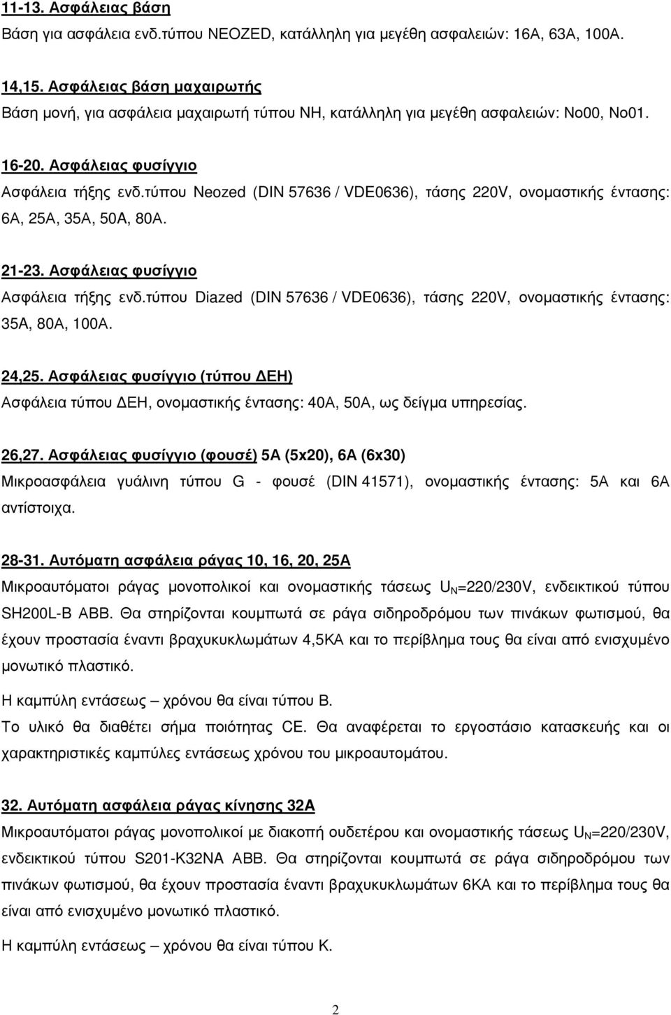 τύπου Neozed (DIN 57636 / VDE0636), τάσης 220V, ονοµαστικής έντασης: 6Α, 25Α, 35Α, 50A, 80Α. 21-23. Ασφάλειας φυσίγγιο Ασφάλεια τήξης ενδ.