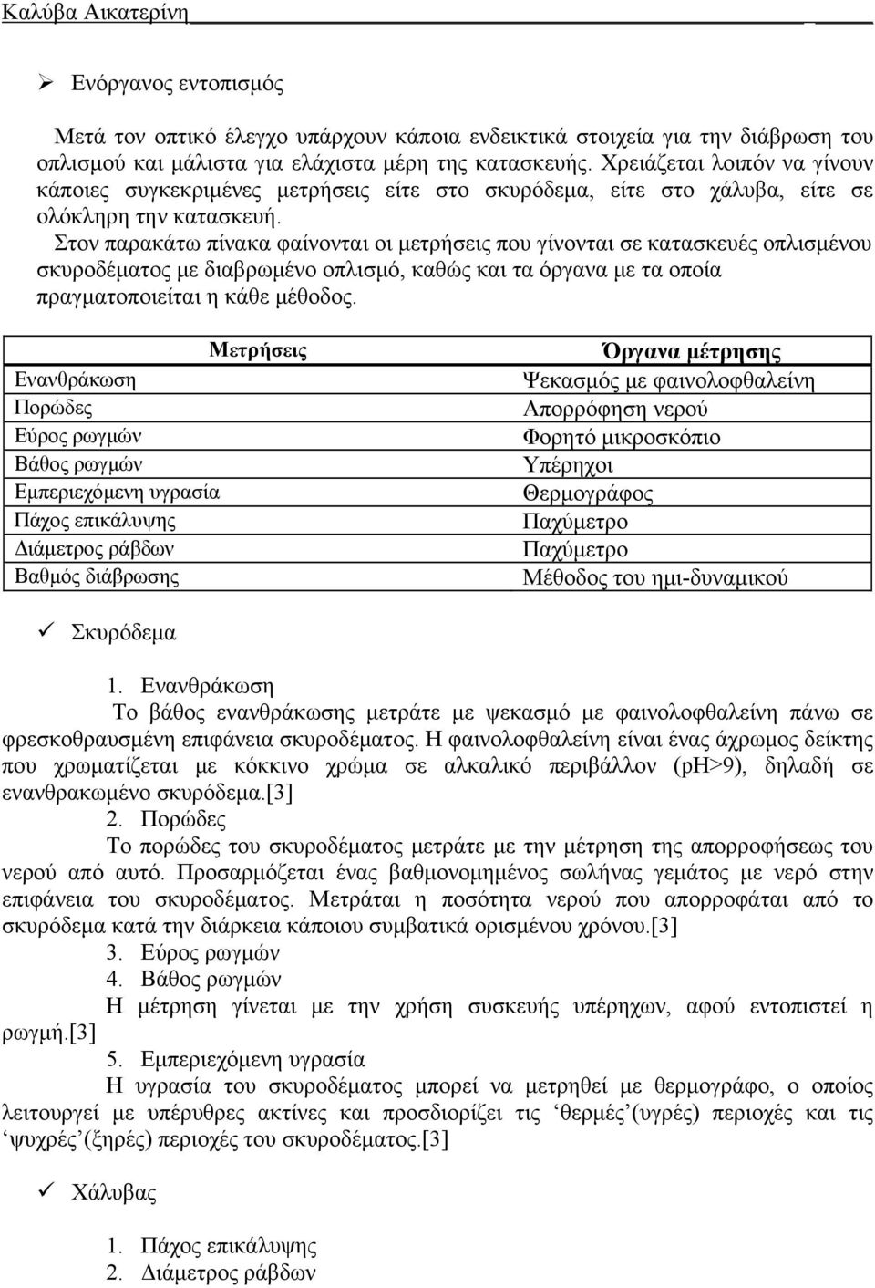 Στον παρακάτω πίνακα φαίνονται οι μετρήσεις που γίνονται σε κατασκευές οπλισμένου σκυροδέματος με διαβρωμένο οπλισμό, καθώς και τα όργανα με τα οποία πραγματοποιείται η κάθε μέθοδος.