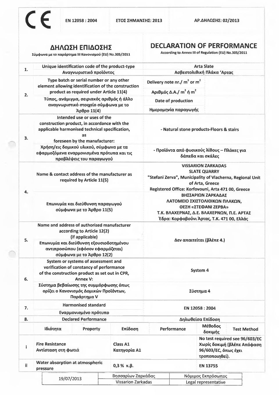 Article 11(4) Τύπος, ανάμιγμα, σειριακός αριθμός ή άλλο αναγνωριστικό στοιχείο σύμφωνα με το Άρθρο 11(4) Intended use or uses of the construction product, in accordance with the applicable harmonised