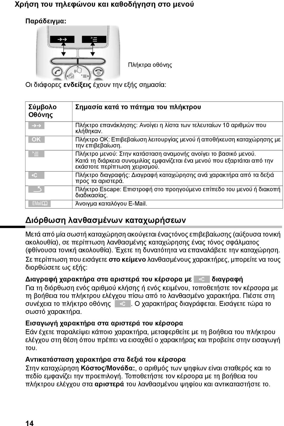 Πλήκτρο µενού: Στην κατάσταση αναµονής ανοίγει το βασικό µενού. Κατά τη διάρκεια συνοµιλίας εµφανίζεται ένα µενού που εξαρτάται από την εκάστοτε περίπτωση χειρισµού.