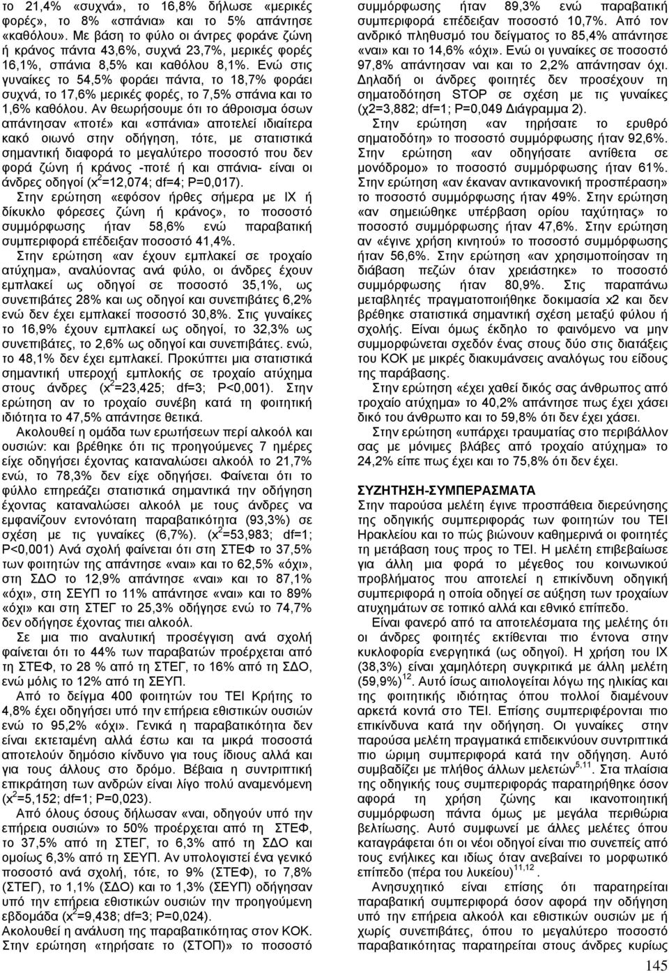 Ενώ στις γυναίκες το 54,5% φοράει πάντα, το 18,7% φοράει συχνά, το 17,6% µερικές φορές, το 7,5% σπάνια και το 1,6% καθόλου.