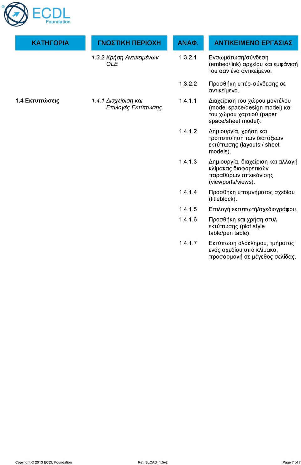 1.4.1.3 Δημιουργία, διαχείριση και αλλαγή κλίμακας διαφορετικών παραθύρων απεικόνισης (viewports/views). 1.4.1.4 Προσθήκη υπομνήματος σχεδίου (titleblock). 1.4.1.5 Επιλογή εκτυπωτή/σχεδιογράφου. 1.4.1.6 Προσθήκη και χρήση στυλ εκτύπωσης (plot style table/pen table).