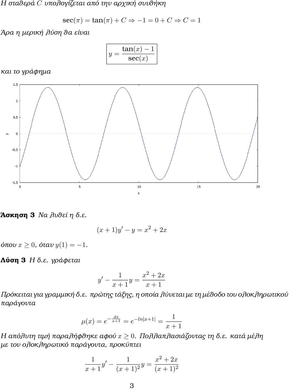ε. πρώτης τάξης, η οποία λύνεται με τη μέθοδο του ολοκληρωτικού παράγοντα µ(x = e dx x+ = e ln x+ = x + Η απόλυτη τιμή παραλήϕθηκε