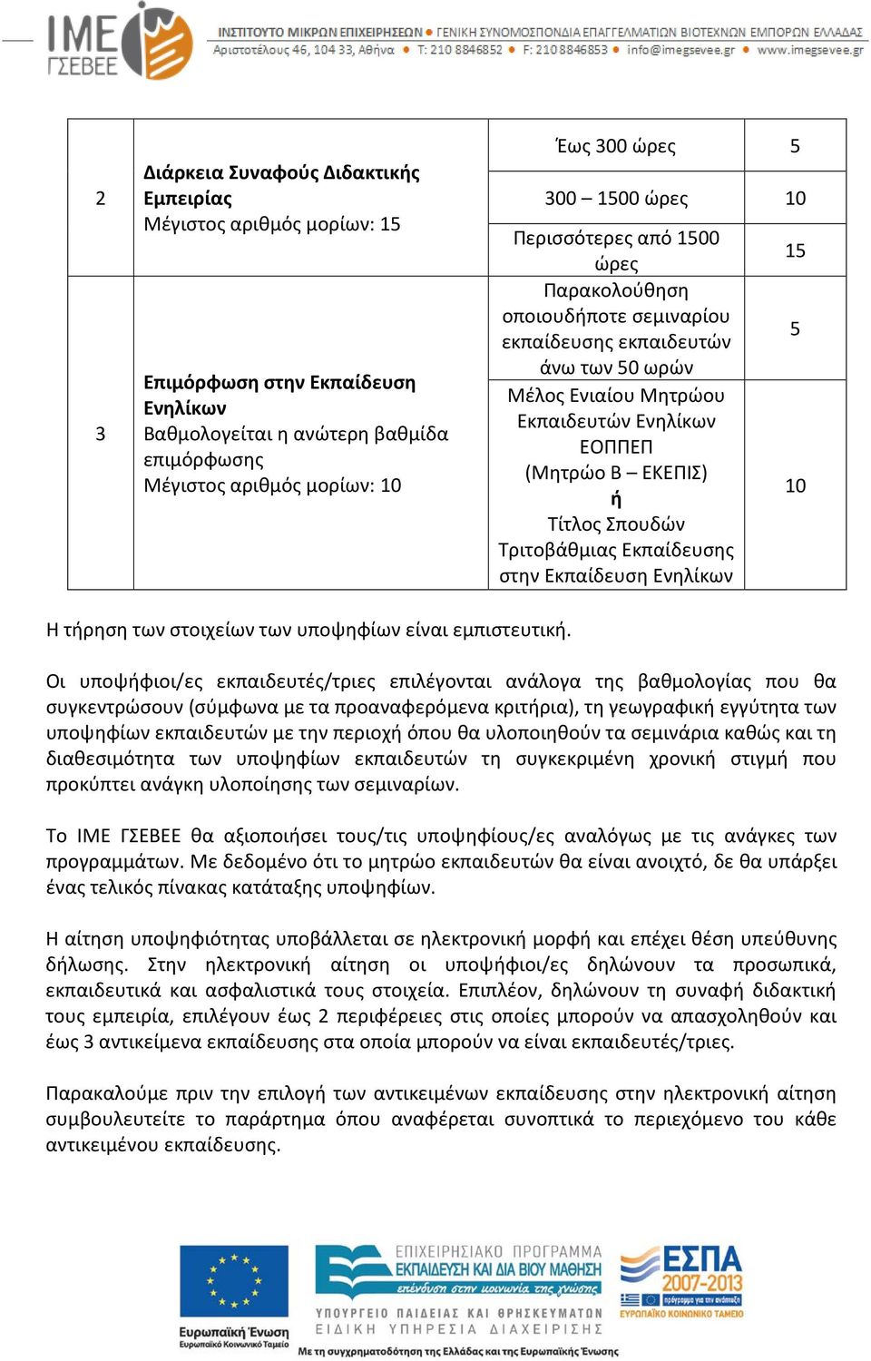 Σπουδών Τριτοβάθμιας Εκπαίδευσης στην Εκπαίδευση Ενηλίκων 15 5 10 Η τήρηση των στοιχείων των υποψηφίων είναι εμπιστευτική.