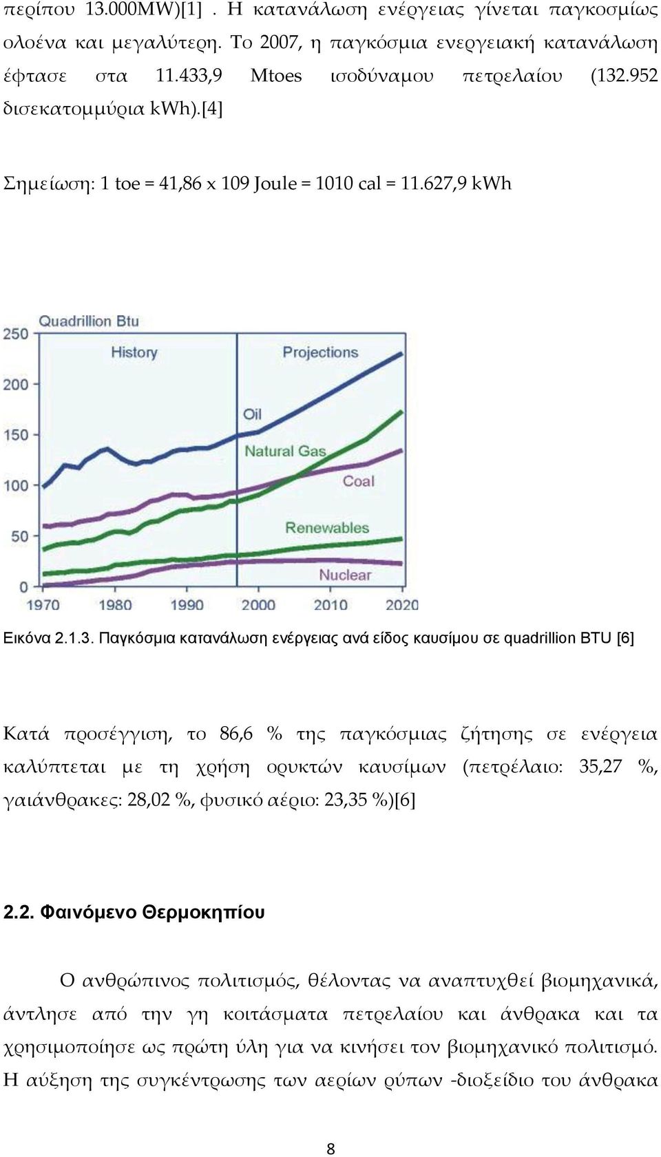 Παγκόσμια κατανάλωση ενέργειας ανά είδος καυσίμου σε quadrillion BTU [6] Κατά προσέγγιση, το 86,6 % της παγκόσμιας ζήτησης σε ενέργεια καλύπτεται με τη χρήση ορυκτών καυσίμων (πετρέλαιο: 35,27 %,