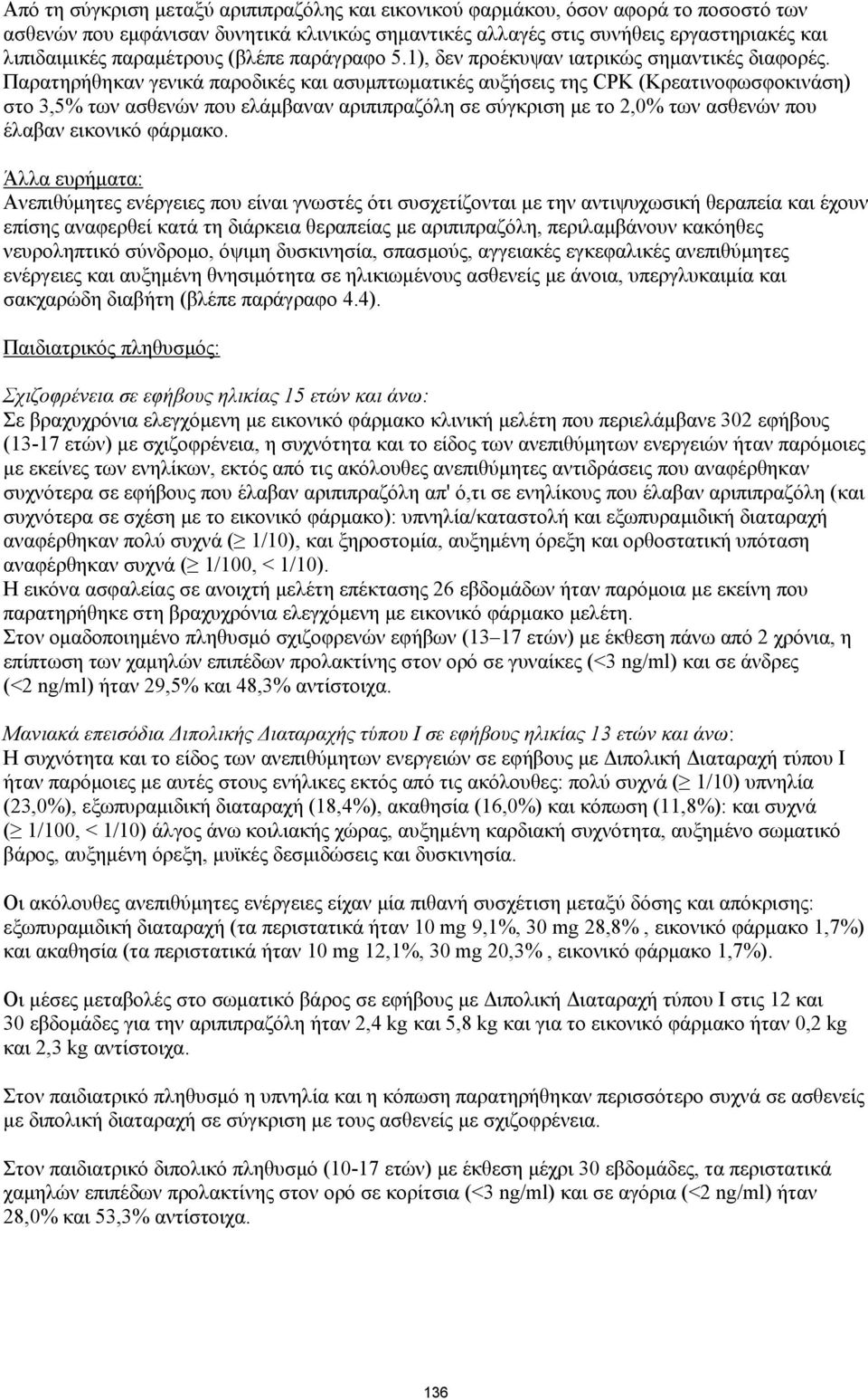 Παρατηρήθηκαν γενικά παροδικές και ασυμπτωματικές αυξήσεις της CPK (Κρεατινοφωσφοκινάση) στο 3,5% των ασθενών που ελάμβαναν αριπιπραζόλη σε σύγκριση με το 2,0% των ασθενών που έλαβαν εικονικό φάρμακο.