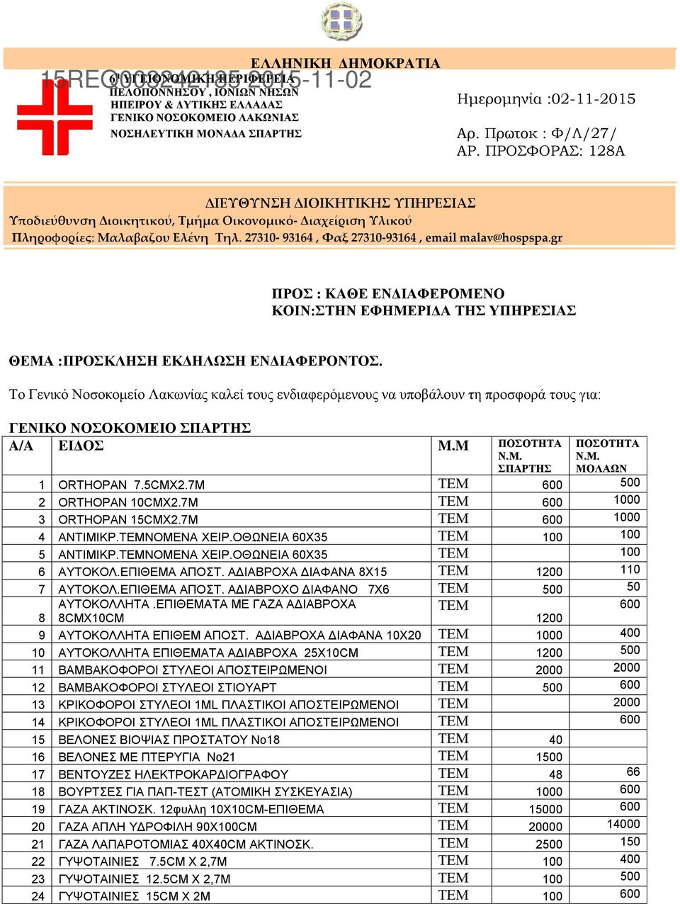 27310-93164, Φαξ 27310-93164, email malav@hospspa.gr ΠΟ ΠΡΟΣ : KAΘΕ ΕΝΔΙΑΦΕΡΟΜΕΝΟ ΚΟΙΝ:ΣΤΗΝ ΕΦΗΜΕΡΙΔΑ ΤΗΣ ΥΠΗΡΕΣΙΑΣ ΘΕΜΑ :ΠΡΟΣΚΛΗΣΗ ΕΚΔΗΛΩΣΗ ΕΝΔΙΑΦΕΡΟΝΤΟΣ.