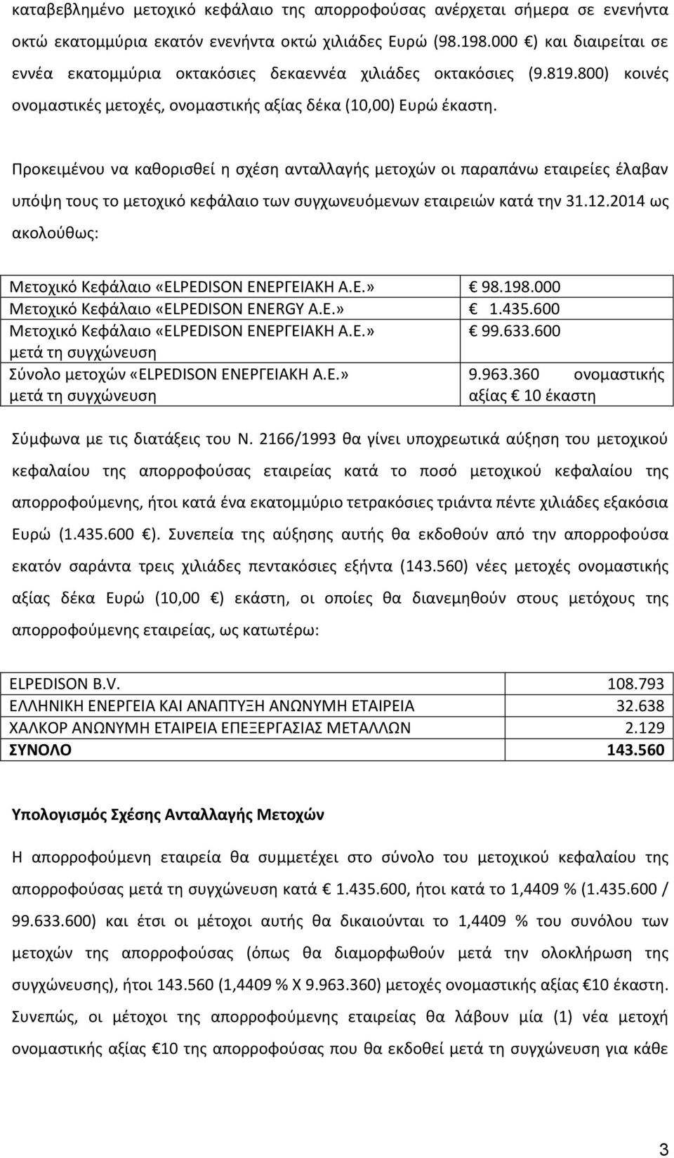 Προκειμένου να καθορισθεί η σχέση ανταλλαγής μετοχών οι παραπάνω εταιρείες έλαβαν υπόψη τους το μετοχικό κεφάλαιο των συγχωνευόμενων εταιρειών κατά την 31.12.