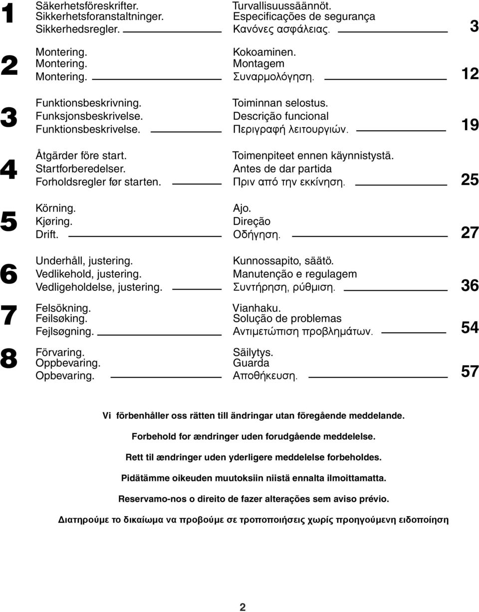 Startforberedelser. Forholdsregler før starten. Toimenpiteet ennen käynnistystä. Antes de dar partida Πριν από την εκκίνηση. 25 5 Körning. Kjøring. Drift. Ajo. Direção Οδήγηση.