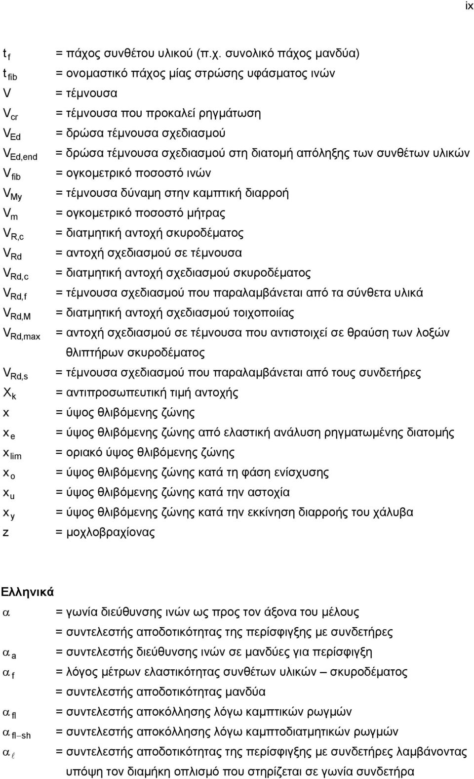 συνολικό πάχος μανδύα) t fib = ονομαστικό πάχος μίας στρώσης υφάσματος ινών V = τέμνουσα V cr = τέμνουσα που προκαλεί ρηγμάτωση V Ed = δρώσα τέμνουσα σχεδιασμού V Ed,end = δρώσα τέμνουσα σχεδιασμού