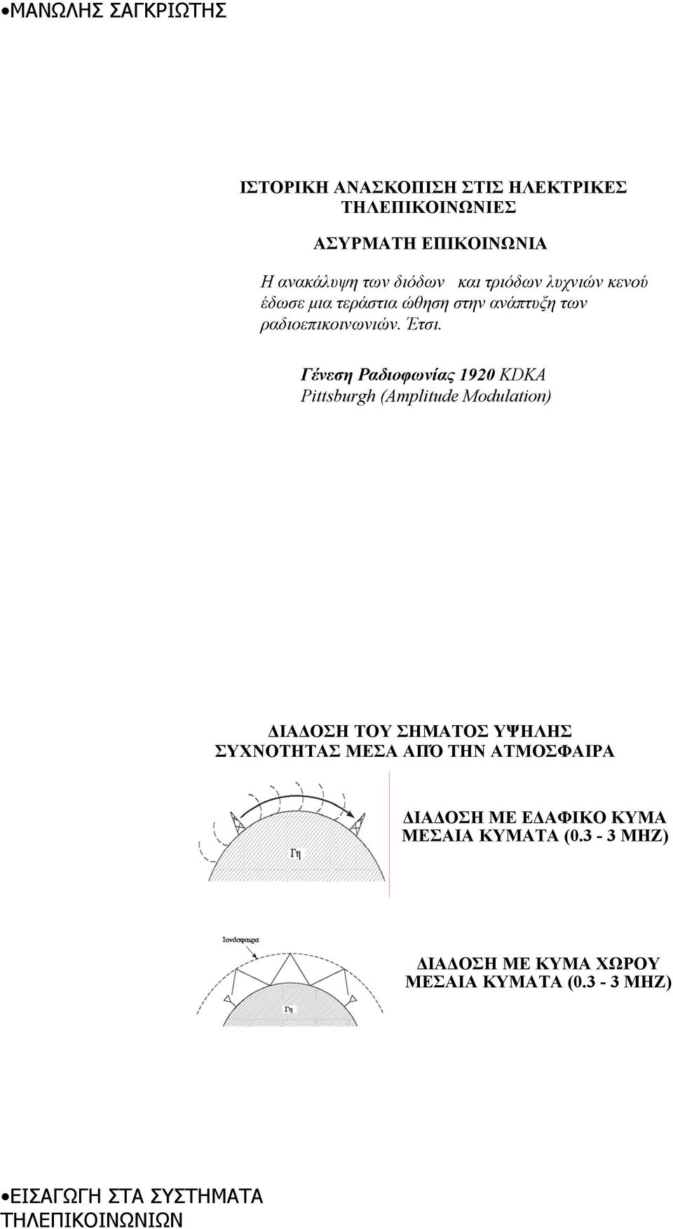 Γένεση Ραδιοφωνίας 1920 KDKA Pittsburgh (Amplitude Modulation) ΙΑ ΟΣΗ ΤΟΥ ΣΗΜΑΤΟΣ ΥΨΗΛΗΣ