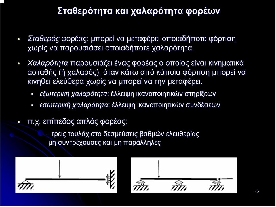 Χαλαρότητα παρουσιάζει ένας φορέας ο οποίος είναι κινηµατικά ασταθής (ή χαλαρός), όταν κάτω από κάποια φόρτιση µπορεί να κινηθεί