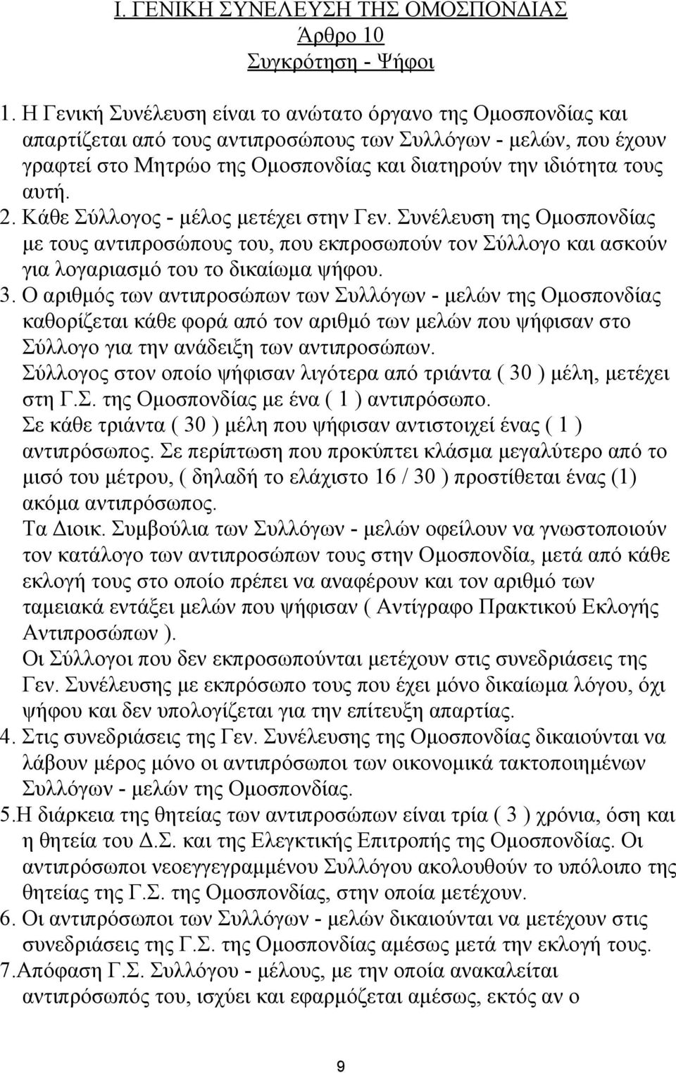 αυτή. 2. Κάθε Σύλλογος - μέλος μετέχει στην Γεν. Συνέλευση της Ομοσπονδίας με τους αντιπροσώπους του, που εκπροσωπούν τον Σύλλογο και ασκούν για λογαριασμό του το δικαίωμα ψήφου. 3.