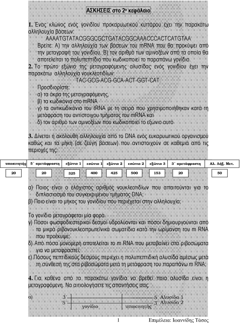 µεταγραφή του γονιδίου, Β) τον αριθµό των αµινοξέων από τα οποία θα αποτελείται το πολυπεπτίδιο που κωδικοποιεί το παραπάνω. 2.