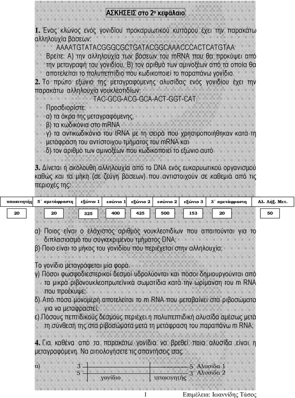 µεταγραφή του γονιδίου, Β) τον αριθµό των αµινοξέων από τα οποία θα αποτελείται το πολυπεπτίδιο που κωδικοποιεί το παραπάνω. 2.