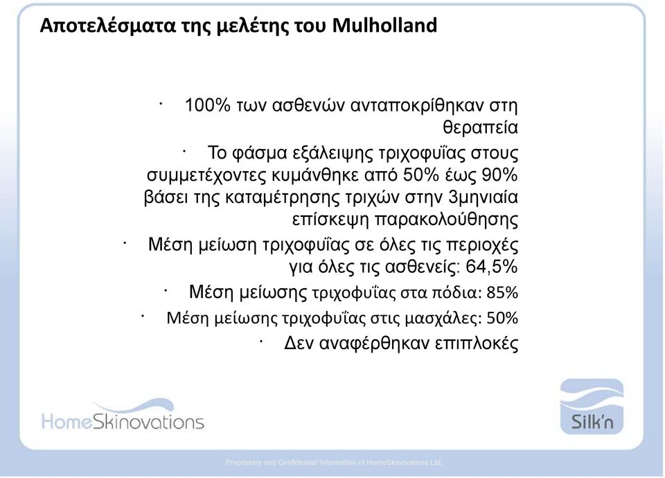 μείωση τριχοφυΐας σε όλες τις περιοχές για όλες τις ασθενείς: 64,5% Μέση μείωσης τριχοφυΐας στα πόδια: 85% Μέση
