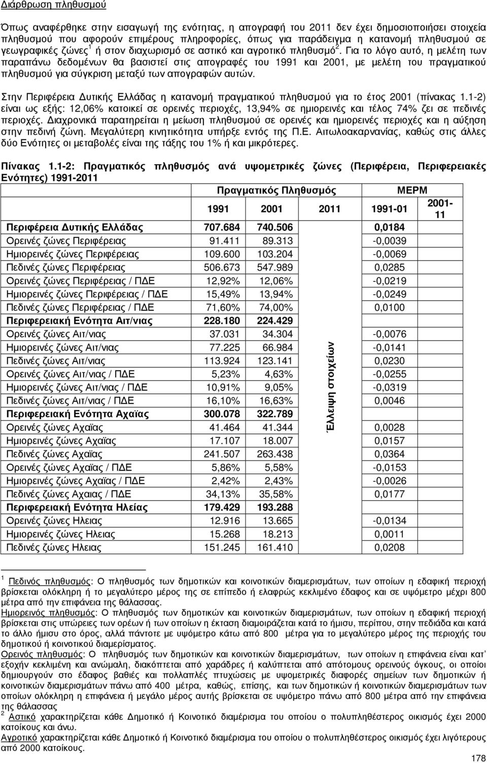 Για το λόγο αυτό, η µελέτη των παραπάνω δεδοµένων θα βασιστεί στις απογραφές του 1991 και 2001, µε µελέτη του πραγµατικού πληθυσµού για σύγκριση µεταξύ των απογραφών αυτών.