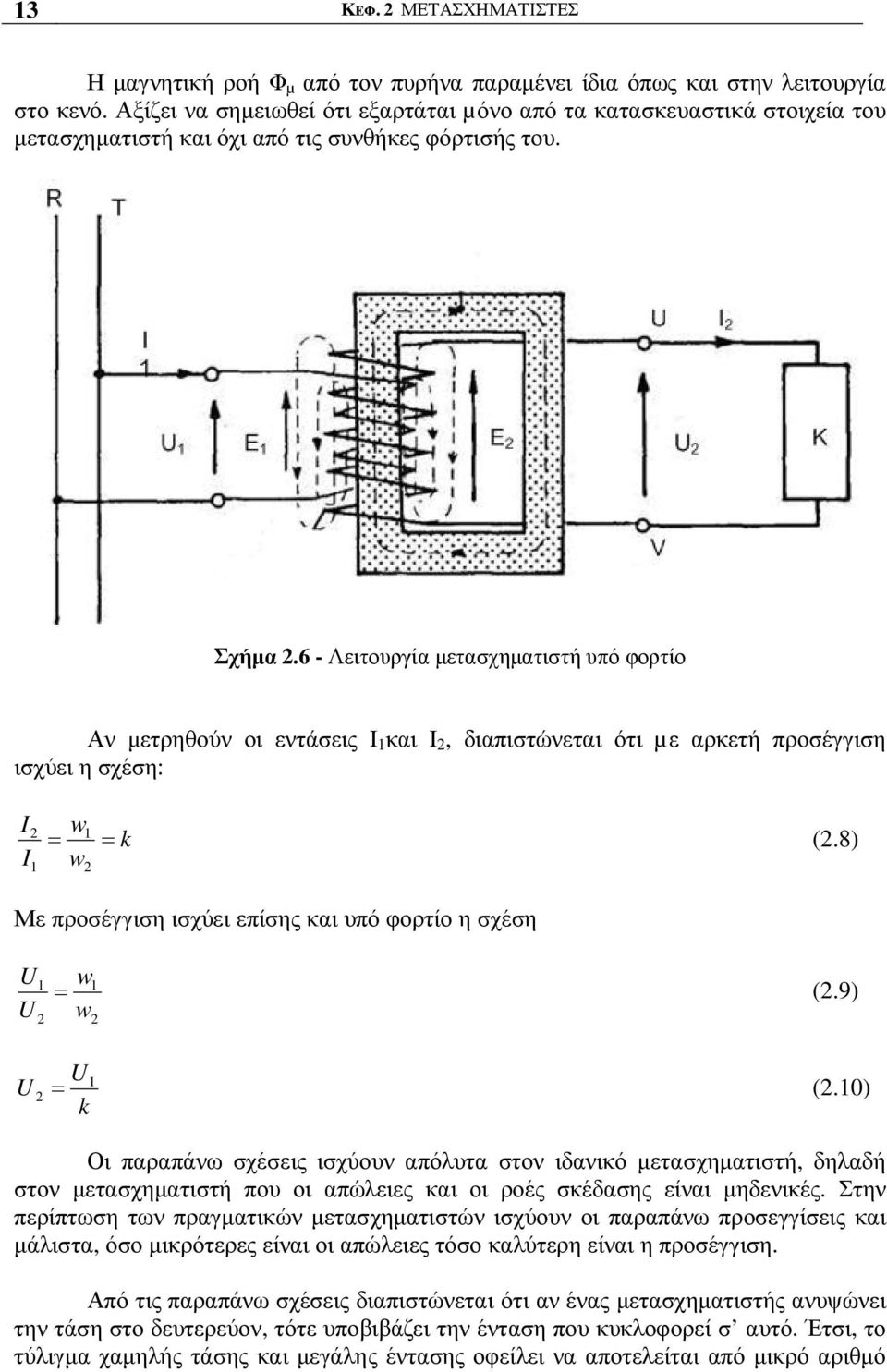 6 - Λειτουργία µετασχηµατιστή υπό φορτίο Αν µετρηθούν οι εντάσεις Ι 1 και Ι 2, διαπιστώνεται ότι µε αρκετή προσέγγιση ισχύει η σχέση: I2 w1 = = k (2.