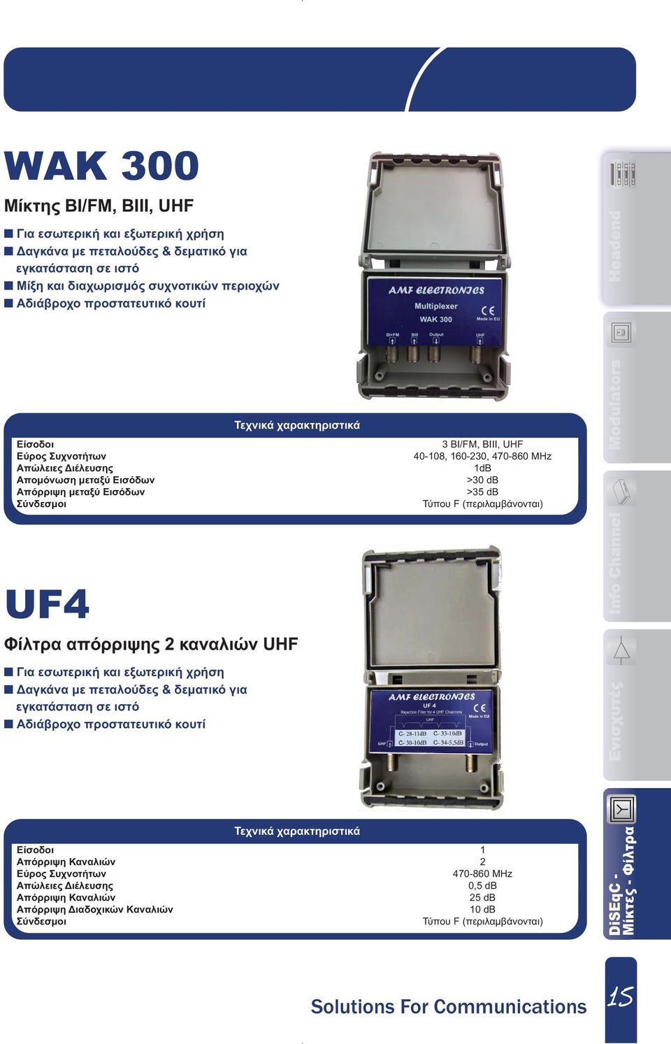 UF4 Φίλτρα απόρριψης 2 καναλιών UHF Για εσωτερική και εξωτερική χρήση αγκάνα µε πεταλούδες & δεµατικό για εγκατάσταση σε ιστό Αδιάβροχο προστατευτικό κουτί Είσοδοι 1 Απόρριψη Καναλιών 2 Εύρος