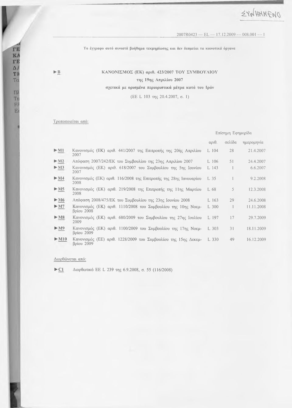 441/2007 της Επιτροπής της 20ής Απριλίου 2007 Επίσημη Εφημερίδα αριθ. σελίδα ημερομηνία Ε 104 28 21.4.2007 Μ2 Απόφαση 2007/242/ΕΚ του Συμβουλίου της 23ης Απριλίου 2007 Ε 106 51 24.4.2007 Μ3 Μ4 Μ5 Κανονισμός (ΕΚ) αριθ.